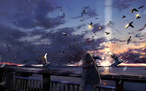 Anime-style sunset scene with a character standing on a pier, surrounded by birds in the colorful sky. HD desktop wallpaper capturing a serene moment with clouds painted in vibrant hues.