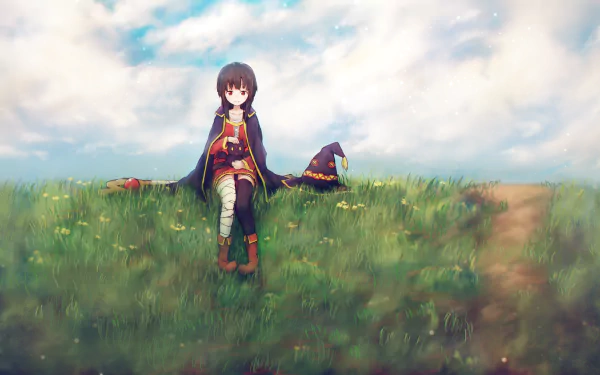 HD desktop wallpaper of Megumin from KonoSuba - God's Blessing on This Wonderful World!! sitting on a grassy field under a bright sky with her hat beside her.