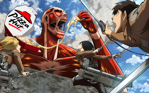 HD desktop wallpaper featuring Colossal Titan eating Pizza Hut pizza, with characters Armin Arlert, Mikasa Ackerman, and Eren Yeager from Attack on Titan anime in action.