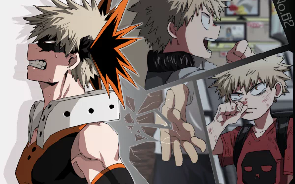 HD desktop wallpaper featuring Katsuki Bakugou from My Hero Academia. The image shows various dynamic poses of the anime character, capturing his fierce and determined expressions.