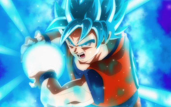 HD desktop wallpaper featuring Goku from Dragon Ball Super in an intense battle stance, with vibrant blue energy bursts around him.