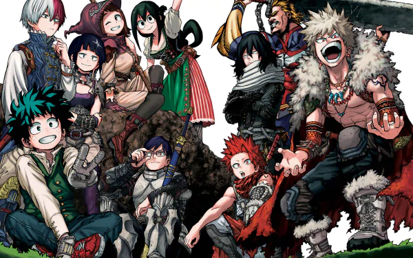 HD desktop wallpaper featuring Eijiro Kirishima, Tsuyu Asui, Shoto Todoroki, All Might, Shouta Aizawa, Tenya Iida, Ochaco Uraraka, and Izuku Midoriya from the anime My Hero Academia.