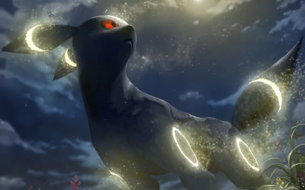 HD desktop wallpaper and background featuring Umbreon, a dark-type Pokémon from the anime series Pokémon. Umbreon is glowing majestically at night with a moonlit sky in the background.