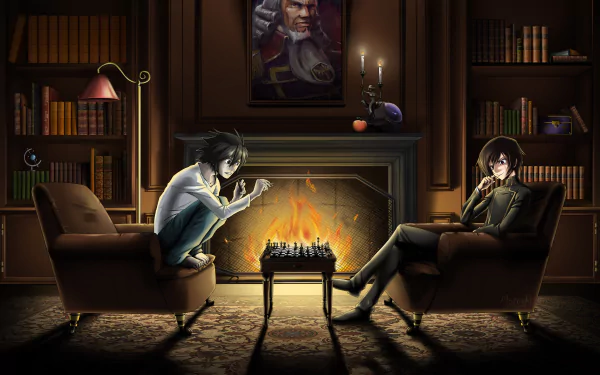 HD desktop wallpaper featuring a crossover between L from Death Note and Lelouch Lamperouge from Code Geass, seated in a cozy study, playing chess by a fireplace.