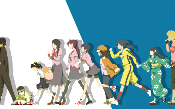 Anime-inspired HD wallpaper featuring characters Meme Oshino, Tsukihi Araragi, Suruga Kanbaru, Hitagi Senjōgahara, Tsubasa Hanekawa, Mayoi Hachikuji, Shinobu Oshino, and Koyomi Araragi from the Monogatari series.