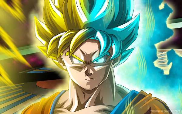 Vibrant 4K Ultra HD wallpaper featuring Goku from Dragon Ball Super, showcasing his iconic Super Saiyan form with striking blue and yellow hair against a dynamic background.