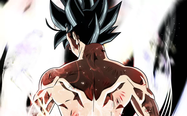 HD desktop wallpaper featuring Goku in Ultra Instinct form from Dragon Ball Super. Goku, shown from the back, displays a powerful Saiyan aura, accentuated by vivid colors and energy effects.