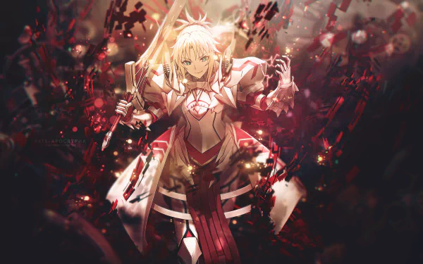 HD desktop wallpaper of Saber of Red, also known as Mordred, from Fate/Apocrypha. The anime character stands confidently wielding a sword, surrounded by dramatic red and dark hues.