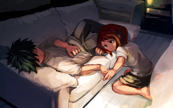 HD desktop wallpaper of the anime My Hero Academia, featuring characters Izuku Midoriya and Ochaco Uraraka in a cozy setting. Both are on a couch, with Ochaco gently reaching towards a resting Izuku.