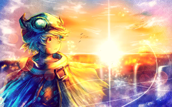 HD desktop wallpaper of Regu from the anime Made in Abyss, featuring a sunset background.