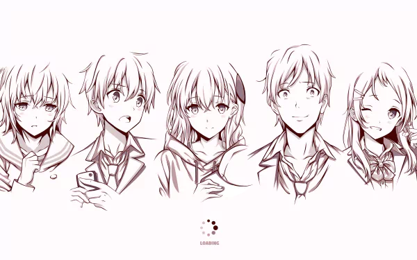 HD desktop wallpaper featuring Chiaki Hoshinomori, Keita Amano, Tasuku Uehara, Karen Tendou, and Aguri from the anime Gamers! in a stylish black and white line art.