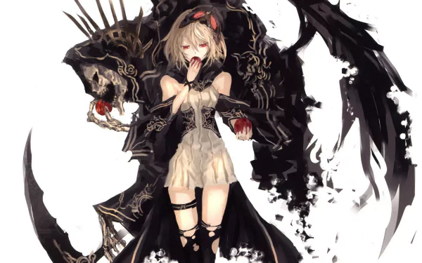 HD desktop wallpaper featuring an anime girl holding an apple, with a gothic and elaborate design in the background, tagged Anime, girl, anime girl.