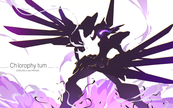 HD desktop wallpaper featuring a dynamic robot from the anime Darling in the FranXX against a vibrant background with purple hues and swirling energy. Text on the left reads Chlorophy tum DARLING in the FRANXX.