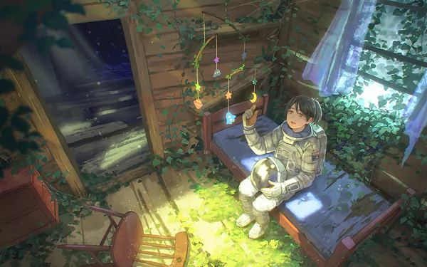 An anime depiction of an astronaut sitting on a bed in a rustic, vine-covered room, illuminated by moonlight. The astronaut gazes thoughtfully while holding a helmet. HD desktop wallpaper and background.