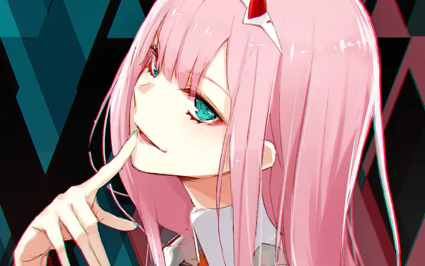 HD desktop wallpaper featuring Zero Two from the anime Darling in the FranXX. Zero Two is depicted with pink hair and a confident expression against a geometric background.