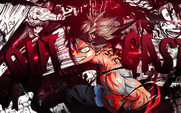 An HD desktop wallpaper featuring Asta from the anime Black Clover, showcasing his intense expression and dynamic pose with a dark, dramatic background. Text OUTCAST is prominently displayed.
