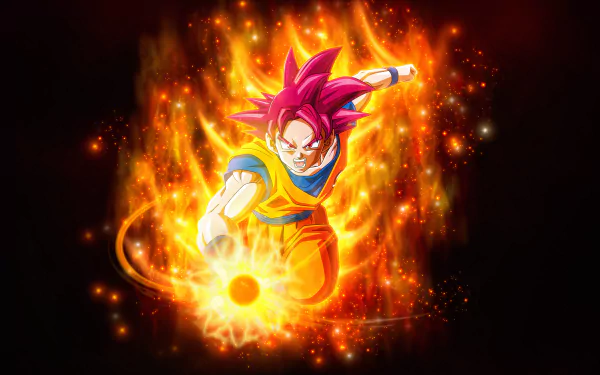 HD desktop wallpaper featuring a Super Saiyan God from Dragon Ball Super, surrounded by flames and preparing an energy attack. Bright and dynamic, capturing intense anime action.