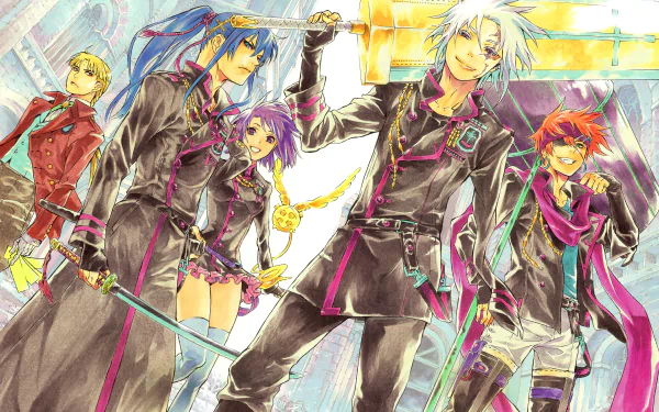 HD desktop wallpaper featuring Howard Link, Lenalee Lee, Lavi, Yu Kanda, Allen Walker, and Timcanpy from the anime D.Gray-man. Characters are shown in dynamic poses with vivid colors and detailed backgrounds.