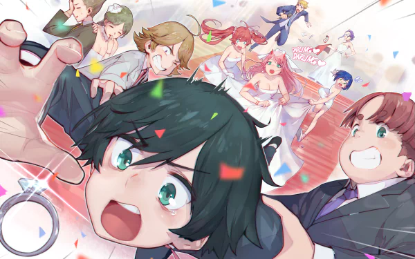 Anime characters from Darling in the FranXX in wedding attire, with confetti and a ring in the foreground. Zero Two, Hiro, and others are depicted in vibrant, celebratory scenes. HD desktop wallpaper.