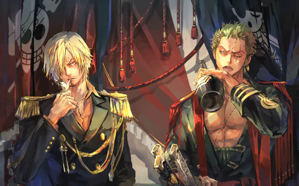 HD desktop wallpaper featuring Sanji and Roronoa Zoro from One Piece; Sanji, with blonde hair, is smoking, while Zoro, with green hair, is drinking.