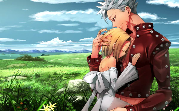 Anime wallpaper featuring Ban and Elaine from The Seven Deadly Sins. Ban, in a red outfit with white hair, hugs Elaine, in a white dress with blonde hair, in a serene, grassy landscape under a blue sky.