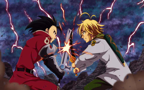 An intense HD desktop wallpaper featuring Meliodas and Zeldris from The Seven Deadly Sins clashing swords under a stormy, lightning-filled sky.