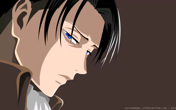 Minimalist HD desktop wallpaper featuring Levi Ackerman from the anime Attack on Titan. The image shows Levi with a serious expression, black hair, and a dark background.