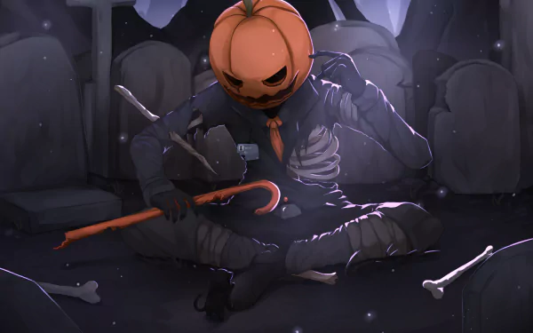 An HD desktop wallpaper and background featuring an anime-style skeleton with a pumpkin head, seated in a spooky graveyard, surrounded by bones, embodying a Halloween theme.