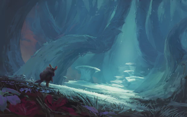 HD desktop wallpaper of Nanachi from Made in Abyss exploring a mystical, lush cave, capturing the essence of the anime series.