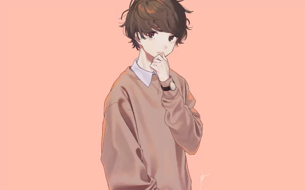 Anime-style illustration of a contemplative anime boy in a beige sweater, set against a soft pink background, designed as HD desktop wallpaper.