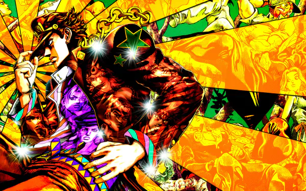 A vibrant HD desktop wallpaper featuring characters from Jojo's Bizarre Adventure, showcasing dynamic poses and striking colors against a bold starburst background.