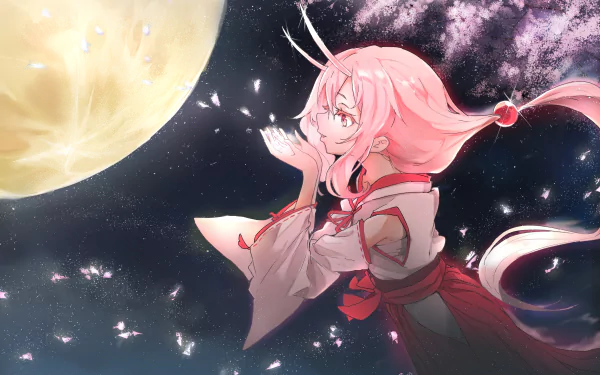 This HD desktop wallpaper features Shuna from That Time I Got Reincarnated as a Slime, gazing at a glowing moon in a starry night sky, with her pink hair flowing, creating a serene and magical ambiance.