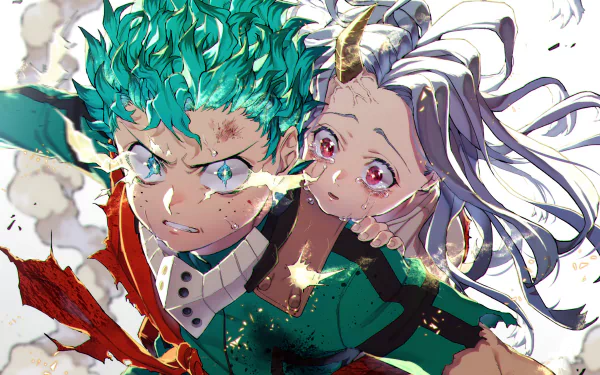 HD desktop wallpaper featuring Izuku Midoriya and Eri from the anime My Hero Academia, with Midoriya showing a determined expression while protecting a concerned Eri amidst an action-packed background.