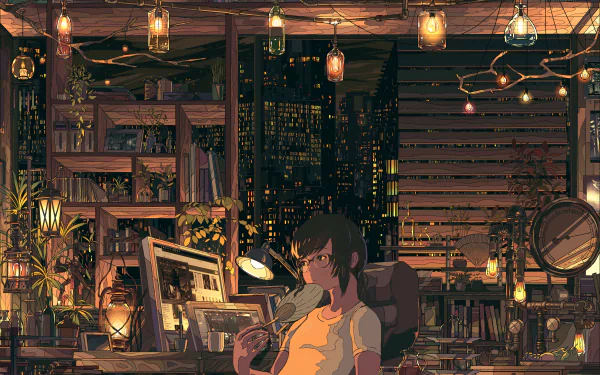 HD anime desktop wallpaper featuring a character in a cozy, dimly lit room filled with books and twinkling lights, overlooking a cityscape at night.