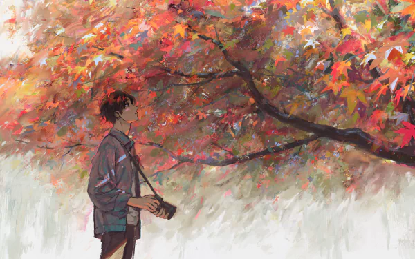 Anime boy with short brown hair holds a camera, standing under vibrant autumn foliage. HD desktop wallpaper and background.