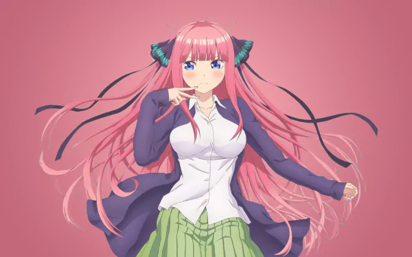HD desktop wallpaper featuring Nino Nakano from the anime The Quintessential Quintuplets (5-Toubun no Hanayome). Nino stands against a pink background with her long pink hair flowing and a confident expression.