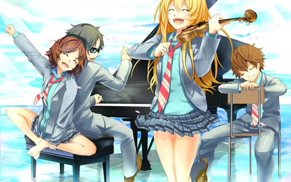 HD desktop wallpaper featuring characters Ryota Watari, Tsubaki Sawabe, Kaori Miyazono, and Kousei Arima from the anime Your Lie in April. The characters are shown with musical instruments.