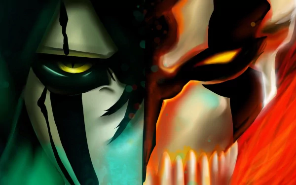 HD desktop wallpaper featuring Ulquiorra Cifer and Ichigo Kurosaki from the anime Bleach, showcasing their intense expressions in a dynamic, colorful background.