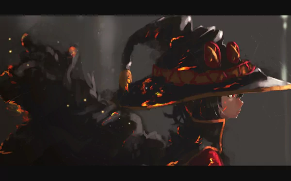 HD desktop wallpaper featuring Megumin from the anime KonoSuba: God’s Blessing on This Wonderful World!!. The image showcases her in a dramatic, fiery scene.