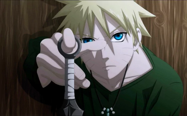 Anime character Naruto Uzumaki holding a kunai, featured in an HD desktop wallpaper and background image.