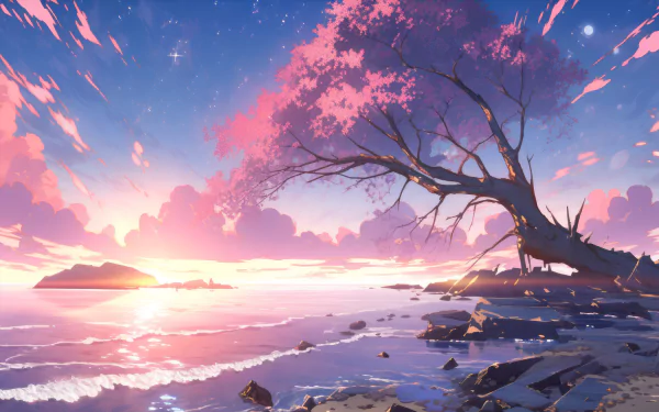HD desktop wallpaper featuring an aesthetic anime landscape with a pink sky, a sprawling tree, and a serene beach at sunset.