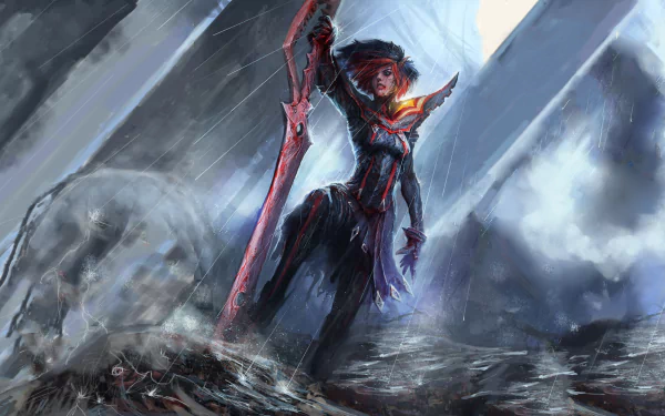 HD desktop wallpaper featuring Ryūko Matoi from Kill La Kill, wielding a sword in the rain with two-toned hair and a skirt, dramatized with blood effects.