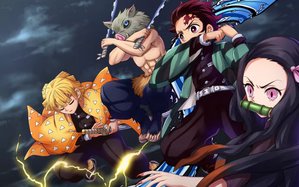 HD wallpaper featuring Nezuko Kamado, Tanjiro Kamado, Zenitsu Agatsuma, and Inosuke Hashibira from the anime Demon Slayer: Kimetsu no Yaiba. Characters are depicted in an action scene with various weapons.