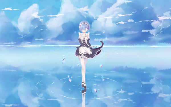 Anime wallpaper of Rem from Re:Zero - Starting Life in Another World, featuring her in a maid outfit with blue hair. She stands on a reflective surface against a serene sky backdrop.