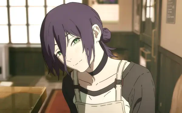 2K Quad HD anime desktop wallpaper of Reze (Chainsaw Man): close-up smiling, purple hair in a bun, green eyes, choker and apron over a dark top in a softly lit classroom.