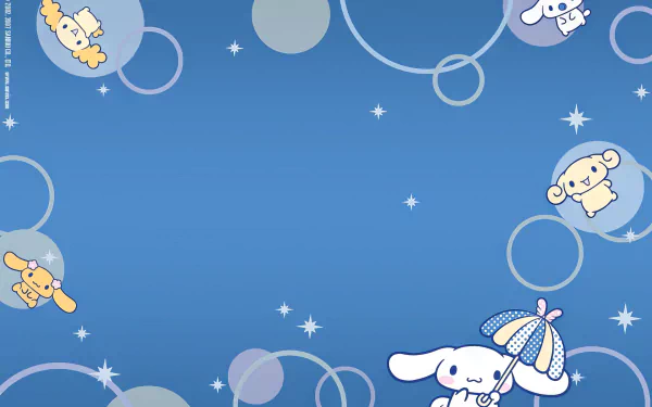 HD Anime Cinnamoroll desktop wallpaper featuring the adorable white puppy character with blue background and decorative bubbles and stars.