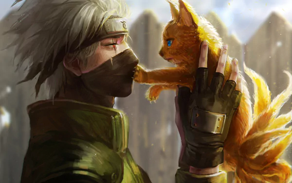 HD desktop wallpaper featuring Kakashi Hatake from Naruto holding a small Kyūbi fox. Kakashi is wearing his gloves and forehead protector, highlighting the anime theme.