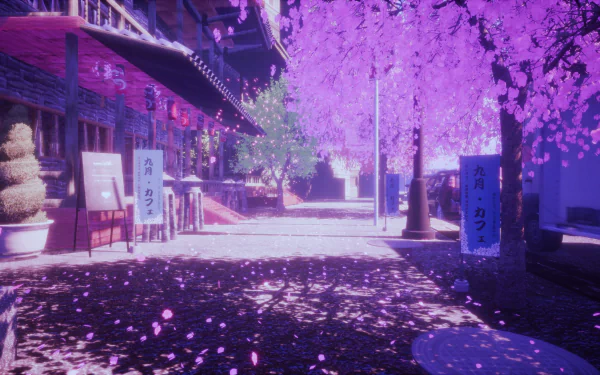HD anime-style desktop wallpaper featuring a serene street lined with vibrant cherry blossoms in full bloom, creating a dreamy sakura backdrop.