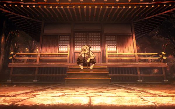 4K Ultra HD anime wallpaper featuring Sanemi Shinazugawa from Demon Slayer: Kimetsu no Yaiba, sitting on wooden steps in a warmly lit traditional Japanese setting.