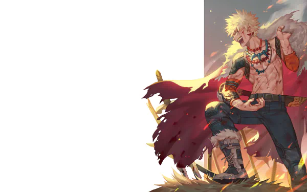 HD desktop wallpaper featuring Katsuki Bakugou from the anime My Hero Academia, depicted in a dynamic pose with a fierce expression and fiery background.